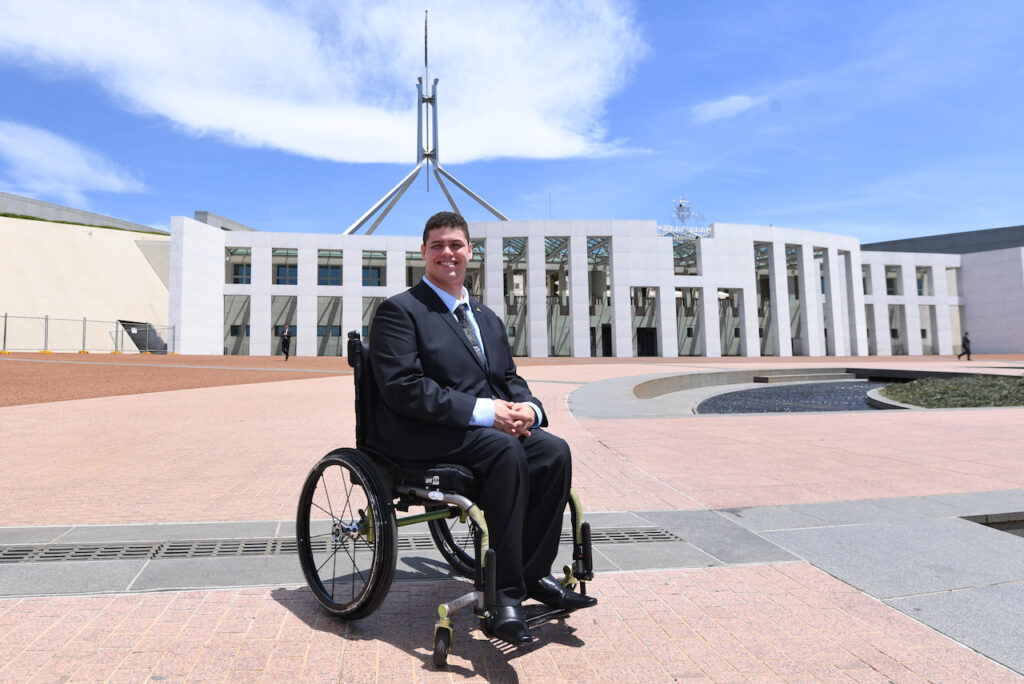 Australian Greens Senator elect Jordon Steele-John poses for photographs outside Parliament House in Canberra, Friday, November 10, 2017. Jordon Steele-John will be Australia's youngest ever Senator once he is sworn-in on Monday, November 13, 2017. (AAP Image/Lukas Coch) NO ARCHIVING